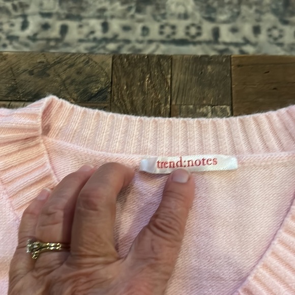Pink V Neck Sweater With Puff Sleeves and Red Pom Poms - Picture 8 of 11